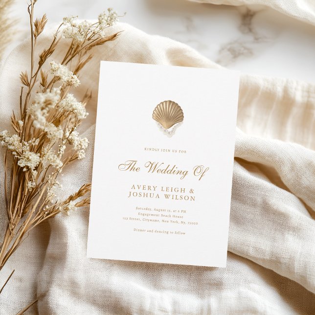 Coastal Gold Seashell & Pearls Beach Wedding Invitation (Creator Uploaded)