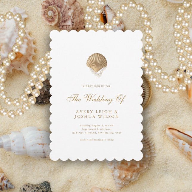 Coastal Gold Seashell & Pearls Beach Wedding Invitation (Creator Uploaded)