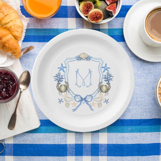 Coastal Grandmillenial Crab Calligraphy Monogram Paper Plate (Creator Uploaded)