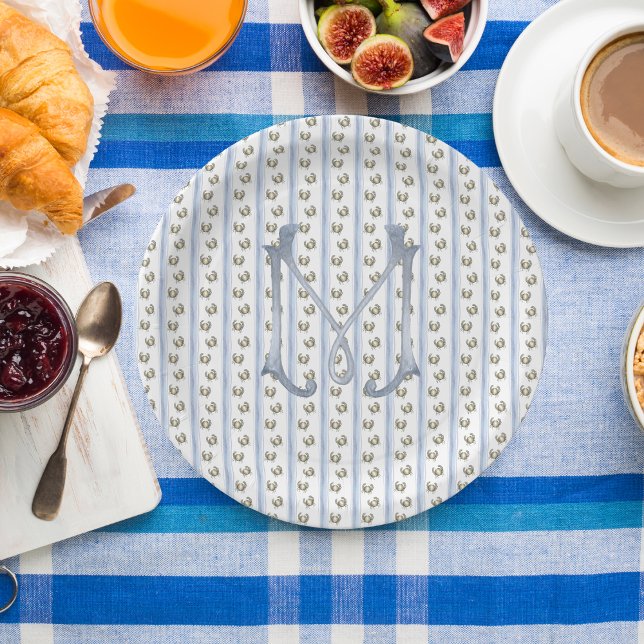 Coastal Grandmillenial Crab Stripes Monogram Paper Plate (Creator Uploaded)