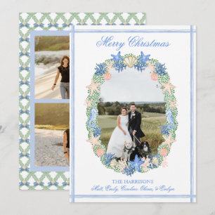 Coastal Grandmillennial Christmas Seashell 3 Photo Holiday Card