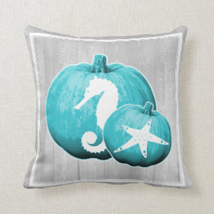 Coastal Gray Wood & Blue Beach Pumpkins Cushion