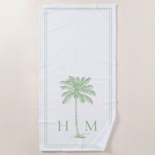 Coastal Green and White Palmetto Palm Monogram Beach Towel