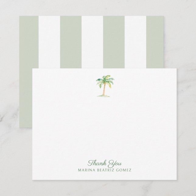 Coastal Green Cabana Stripes Palm Tree Thank You Card (Front/Back)