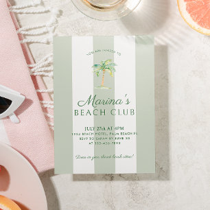 Coastal Green Stripes Palm Beach Club Birthday Invitation