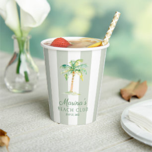 Coastal Green Stripes Palm Beach Club Birthday Paper Cups