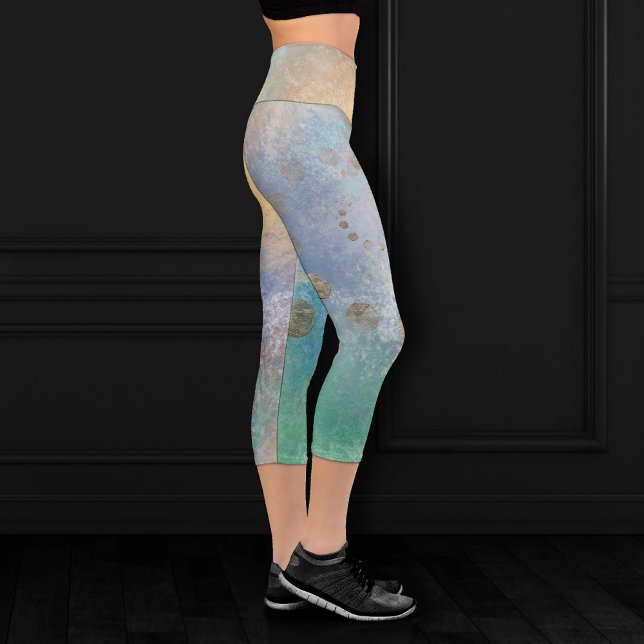 Coastal Grunge | Blue and Green Watercolor Gold Capri Leggings (Creator Uploaded)