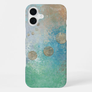 Coastal Grunge Blue and Green Watercolor Gold iPhone 16 Plus Case