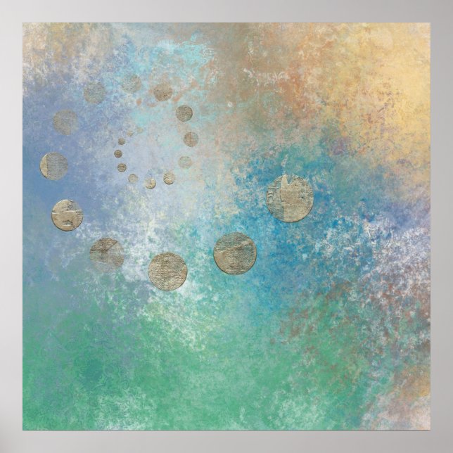 Coastal Grunge | Blue and Green Watercolor Gold Poster (Front)