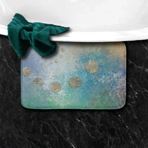 Coastal Grunge   Bue and Green Watercolor Gold Dot Bath Mat