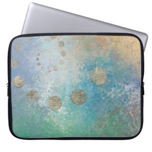 Coastal Grunge   Bue and Green Watercolor Gold Dot Laptop Sleeve