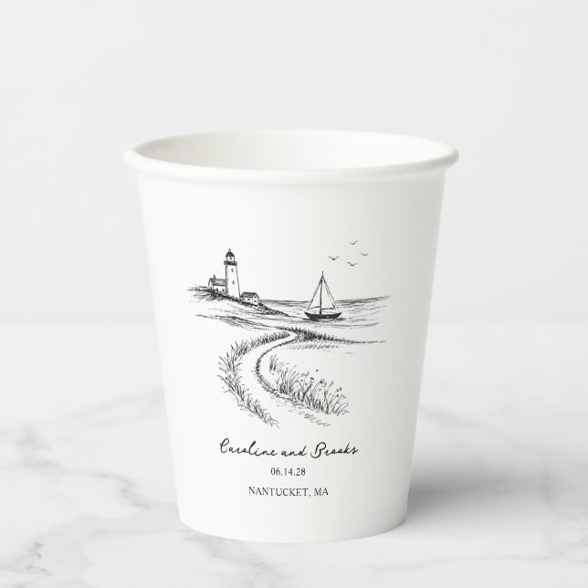 Coastal Hand Drawn Black & White Wedding Paper Cups (Front)