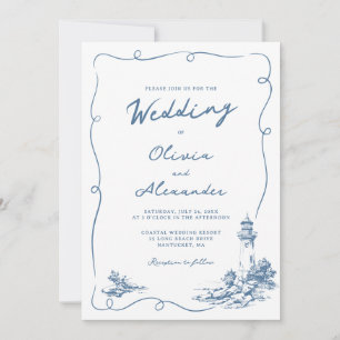 Coastal Hand Drawn Whimsical Lighthouse Wedding  Invitation