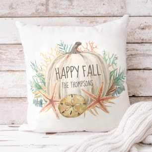 Coastal Happy Fall Pumpkin Sea Shells Cushion