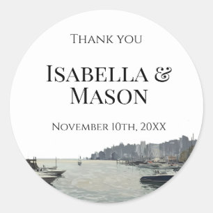 Coastal Harbour Thank You Wedding Favour Classic Round Sticker
