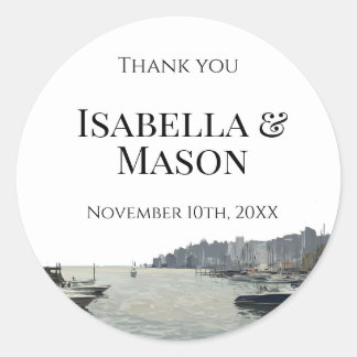 Coastal Harbour Thank You Wedding Favour Classic Round Sticker