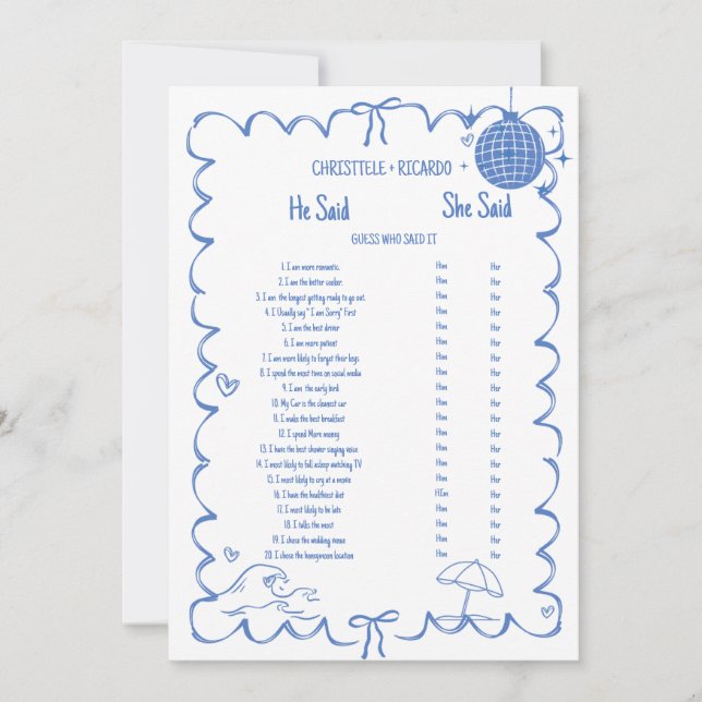 Coastal He said she said Bridal shower game card (Front)