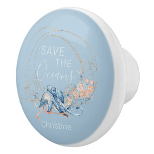 Coastal Home blue watercolor Octopus custom name Ceramic Knob