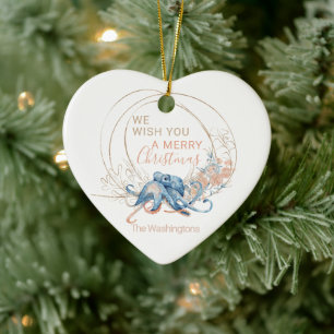 Coastal Home blue watercolor Octopus custom Xmas  Ceramic Tree Decoration