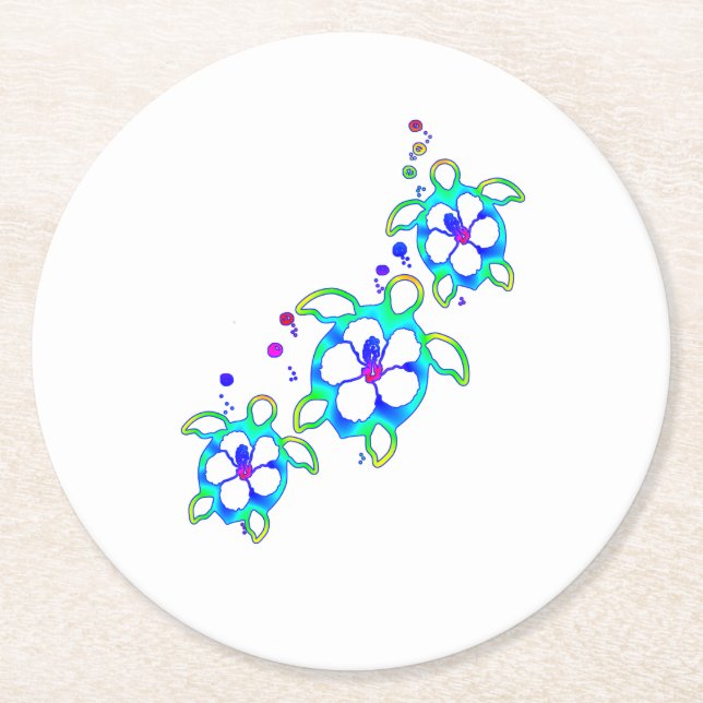 Coastal Honu Hawaiian Turtles Round Paper Coaster (Front)