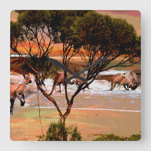 "Coastal Hops: Kangaroos on the Shore in Oil" Square Wall Clock (Front)