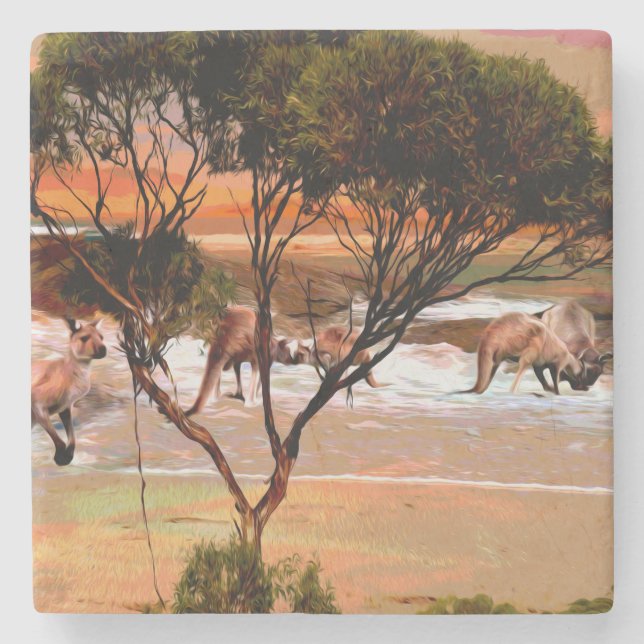 "Coastal Hops: Kangaroos on the Shore in Oil" Stone Coaster (Front)