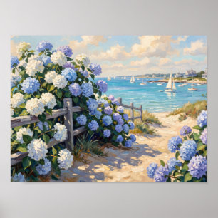 Coastal Hydrangeas & Sailboats Art Poster