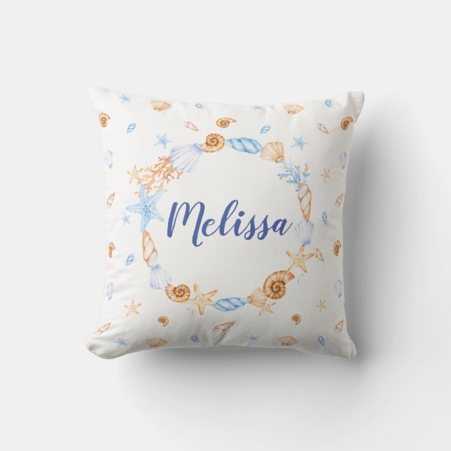 coastal illustrations sea shells monogram cushion (Front)