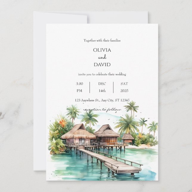 Coastal Island Overwater Bungalows Beach Wedding  Invitation (Front)