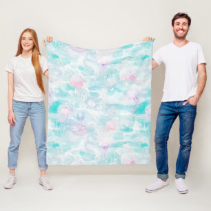 Coastal Jellyfish Watercolor Pattern Fleece Blanket