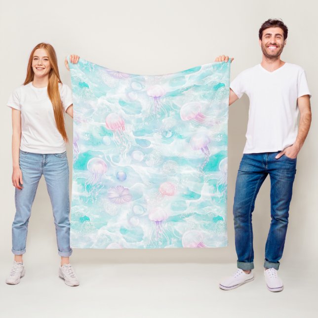 Coastal Jellyfish Watercolor Pattern Fleece Blanket (In Situ)