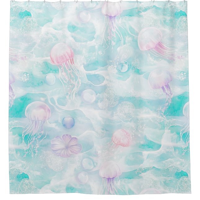 Coastal Jellyfish Watercolor Pattern Shower Curtain (Front)