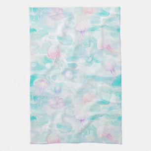 Coastal Jellyfish Watercolor Pattern Tea Towel