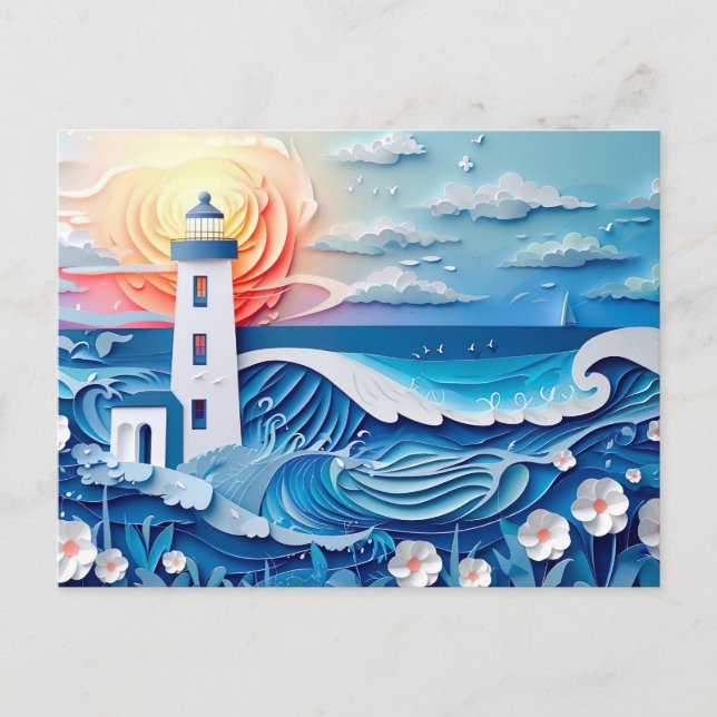 coastal landscape with a lighthouse papercut style postcard (Front)