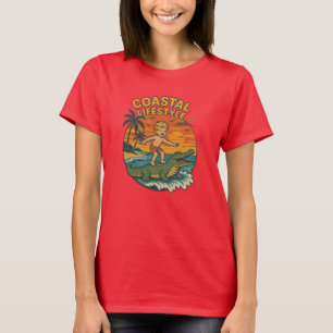 Coastal Life Alligator Surfing Retro FL Surf Beach T-Shirt
