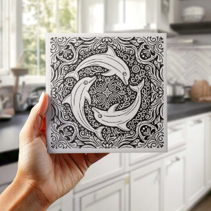 Coastal Life Series Three Dolphins B & W D1208 Tile