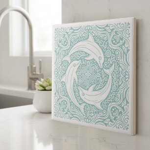 Coastal Life Series Three Dolphins Teal D1208 Tile
