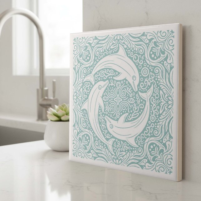 Coastal Life Series Three Dolphins Teal D1208 Tile (Creator Uploaded)