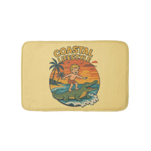 Coastal Lifestyle Gator Surfing - Retro Surf Beach Bath Mat