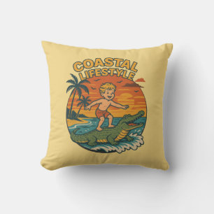 Coastal Lifestyle Gator Surfing - Retro Surf Beach Cushion