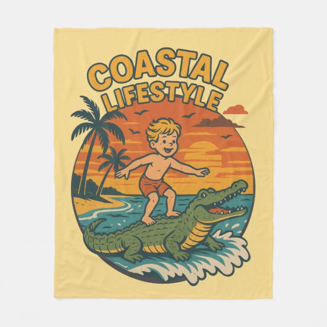 Coastal Lifestyle Gator Surfing - Retro Surf Beach Fleece Blanket (Front)
