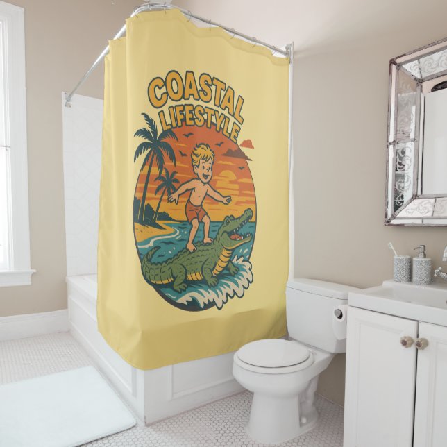 Coastal Lifestyle Gator Surfing - Retro Surf Beach Shower Curtain (In Situ)