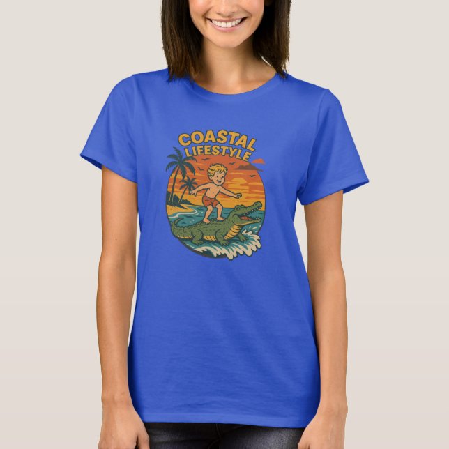 Coastal Lifestyle Gator Surfing - Retro Surf Beach T-Shirt (Front)
