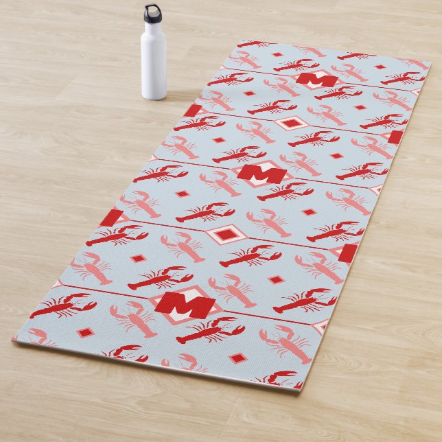 Coastal Light Blue & Red Lobster Pattern Monogram Yoga Mat (In Situ)