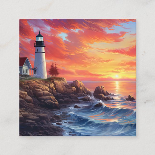 Coastal Lighthouse at Sunset Design Square Business Card (Front)
