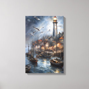 Coastal Lighthouse at Twilight Nautical Art Canvas Print