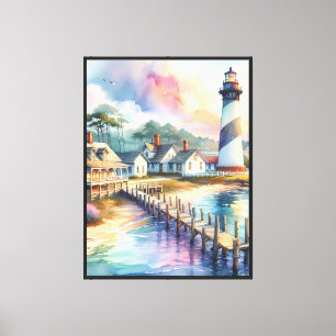 Coastal Lighthouse & Beach Cottages Scene Canvas Print