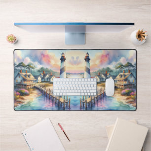 Coastal Lighthouse & Beach Cottages Scene Desk Mat
