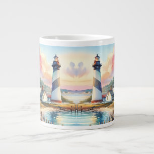 Coastal Lighthouse & Beach Cottages Scene Large Coffee Mug