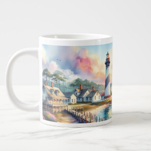 Coastal Lighthouse & Beach Cottages Scene Large Coffee Mug